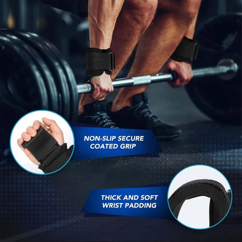 Fitness equipment: squat, weightlift, pull-up. Wrist hook for bar, aids strength training, no hand strain.