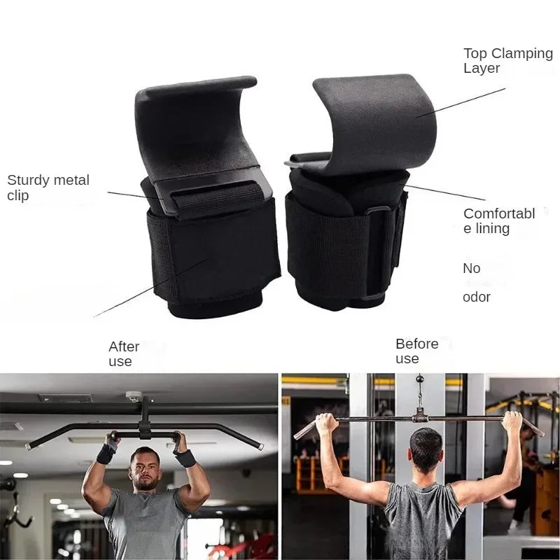 Fitness equipment: squat, weightlift, pull-up. Wrist hook for bar, aids strength training, no hand strain.