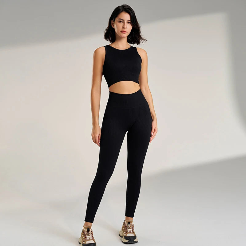 Women's Sports Fitness Suit Gym High Intensity Workout Shockproof Bra High Waisted Leggings Tights Yoga Suit Training Set